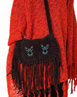 Fringed Shoulder Bag Brown - With Native Traditional Design - Quetzal Artisan