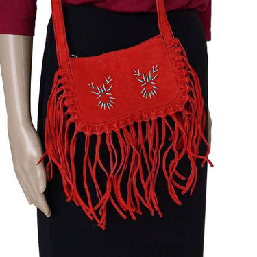 Fringed Red Shoulder Bag - Hiawatha - Traditional Native Bag - Quetzal Artisan
