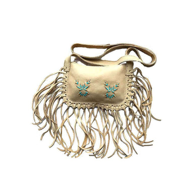 Fringed Shoulder Bag Beige - Native Canadian Small Beads Bag - Quetzal Artisan