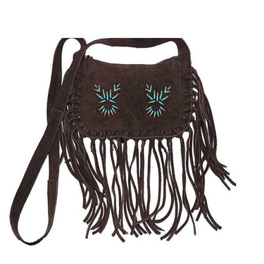Fringed Shoulder Bag Brown - With Native Traditional Design - Quetzal Artisan