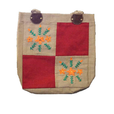 Jute Bag Orange Flowers - Natural Jute - Handmade and Fair - Quetzal Artisan
