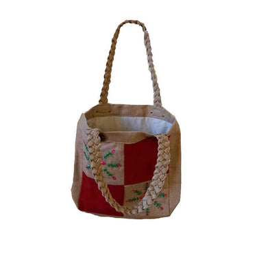 Jute Bag Pink Flowers - Natural Jute - Handmade & Fairtrade - Quetzal Artisan