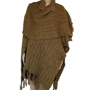 Poncho Shawl Green Ochre - Organic Wool - Fashionable & Warm - Quetzal Artisan
