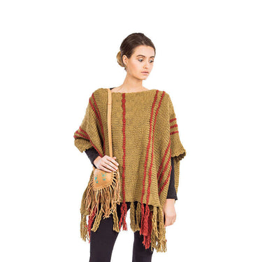 Poncho Ochre Coral - Handmade of Eco Wool - Stylish and Warm - Quetzal Artisan