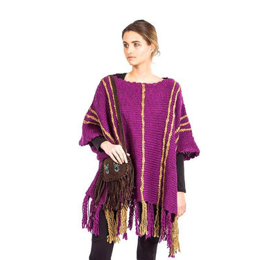 Poncho Plum Purple Ochre - Womens Eco Wool Fringed Poncho - Quetzal Artisan
