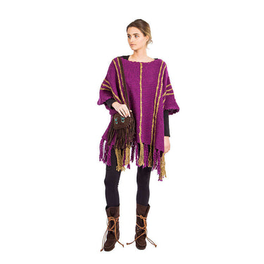 Poncho Plum Purple Ochre - Womens Eco Wool Fringed Poncho - Quetzal Artisan