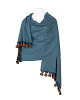 Shawl Blue with Pom poms - Extra Large Elegant and Fairtrade - Quetzal Artisan