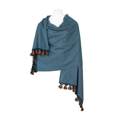 Shawl Blue with Pom poms - Extra Large Elegant and Fairtrade - Quetzal Artisan