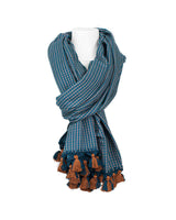 Shawl Blue with Pom poms - Extra Large Elegant and Fairtrade - Quetzal Artisan