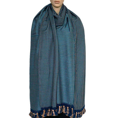 Shawl Blue with Pom poms - Extra Large Elegant and Fairtrade - Quetzal Artisan