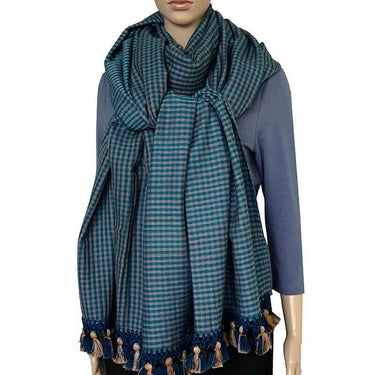 Shawl Blue with Pom poms - Oversized - Elegant and Fairtrade - Quetzal Artisan