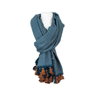 Shawl Blue with Pom poms - Oversized - Elegant and Fairtrade - Quetzal Artisan