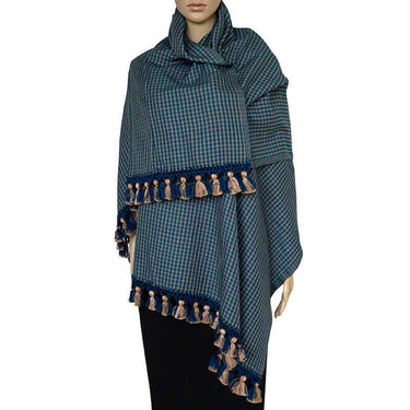 Shawl Blue with Pom poms - Oversized - Elegant and Fairtrade - Quetzal Artisan