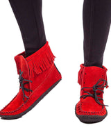 Red Short Boots - Women Native Canadian Fringed Ankle Boots - Quetzal Artisan
