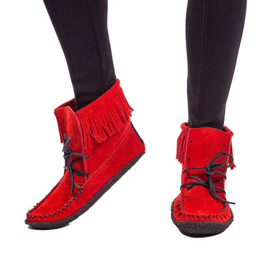 Red Short Boots - Women Native Canadian Fringed Ankle Boots - Quetzal Artisan