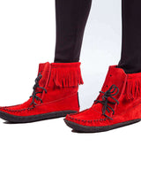 Red Short Boots - Women Native Canadian Fringed Ankle Boots - Quetzal Artisan