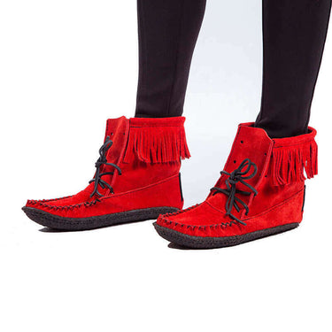 Red Short Boots - Women Native Canadian Fringed Ankle Boots - Quetzal Artisan