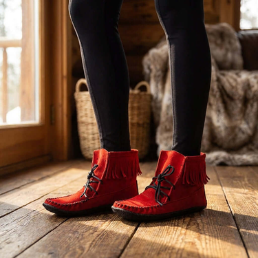 Red Short Boots - Women Native Canadian Fringed Ankle Boots - Quetzal Artisan