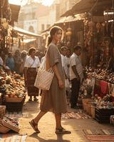 Vegan Handbag Ecru - Cotton Net Bag with Vegan Leather Pouch - Quetzal Artisan