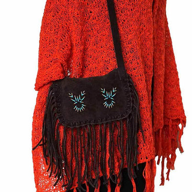 Fringed Shoulder Bag Brown - With Native Traditional Design - Quetzal Artisan
