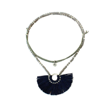 Fan Tassel Necklace Navy Blue - Handmade - Beautiful & Fair - Quetzal Artisan