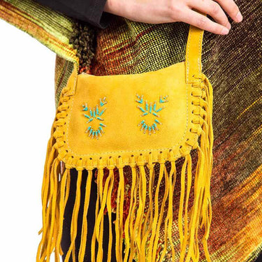 Fringed Shoulder Bag Yellow Tan - Traditional Native Bag - Quetzal Artisan