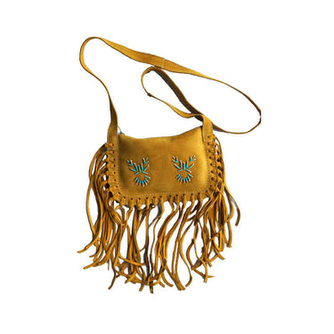 Fringed Shoulder Bag Yellow Tan - Traditional Native Bag - Quetzal Artisan