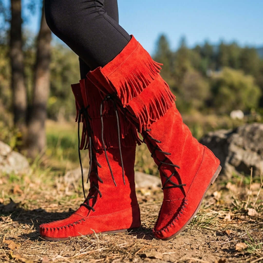 Fringed Red Boots - Handmade Native Canadian Suede Mukluks - Quetzal Artisan