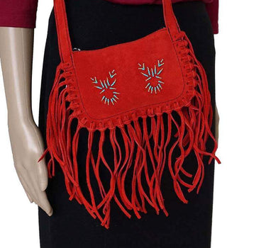 Fringed Red Shoulder Bag - Hiawatha - Traditional Native Bag - Quetzal Artisan