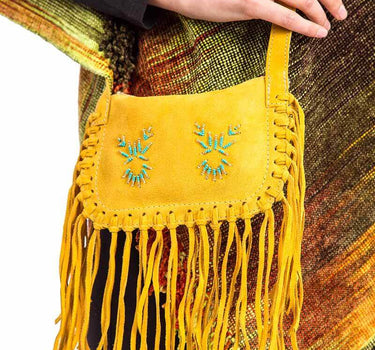 Fringed Shoulder Bag Yellow Tan - Traditional Native Bag - Quetzal Artisan