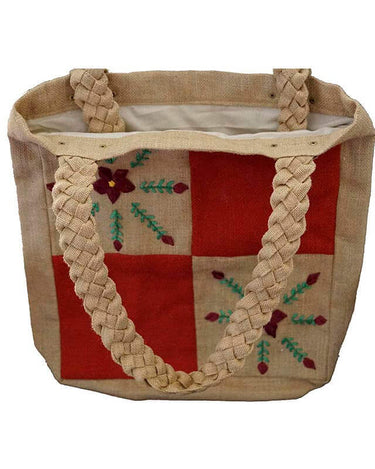 Jute Bag Maroon Flowers - Natural Jute - Handmade and Fairtrade - Quetzal Artisan