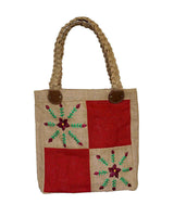 Jute Bag Maroon Flowers - Natural Jute - Handmade and Fairtrade - Quetzal Artisan