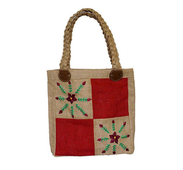 Jute Bag Maroon Flowers - Natural Jute - Handmade and Fairtrade - Quetzal Artisan