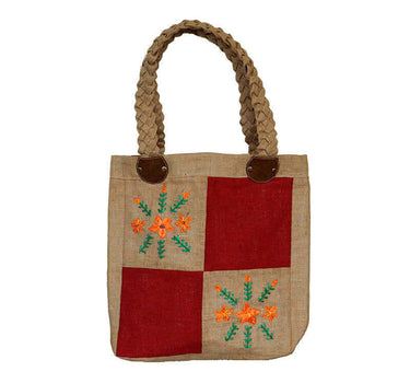 Jute Bag Orange Flowers - Natural Jute - Handmade and Fair - Quetzal Artisan