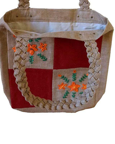 Jute Bag Orange Flowers - Natural Jute - Handmade and Fair - Quetzal Artisan