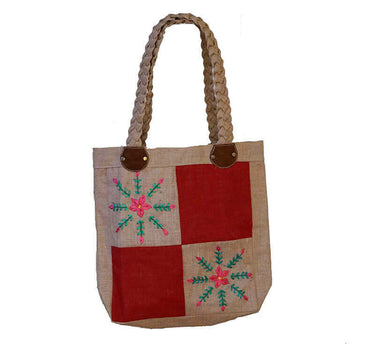 Jute Bag Pink Flowers - Natural Jute - Handmade & Fairtrade - Quetzal Artisan