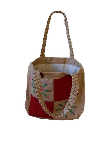 Jute Bag Pink Flowers - Natural Jute - Handmade & Fairtrade - Quetzal Artisan