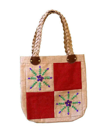 Jute Bag Purple Flowers - Natural Jute - Handmade and Fair - Quetzal Artisan