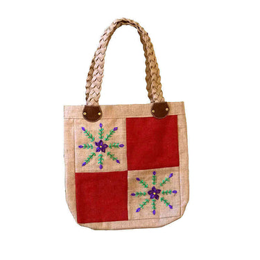 Jute Bag Purple Flowers - Natural Jute - Handmade and Fair - Quetzal Artisan