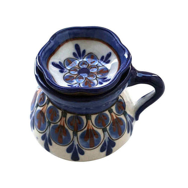Mug Blue with Small Saucer - Handmade of Stoneware Fairtrade - Quetzal Artisan