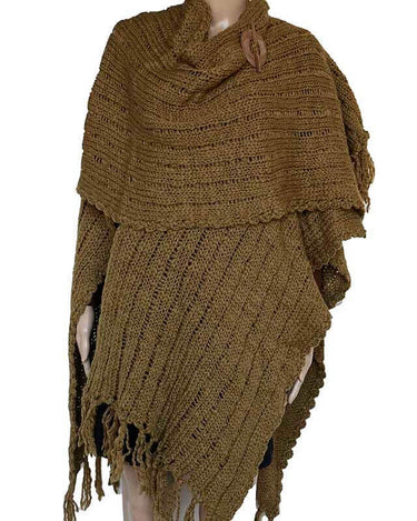 Poncho Shawl Green Ochre - Organic Wool - Fashionable & Warm - Quetzal Artisan