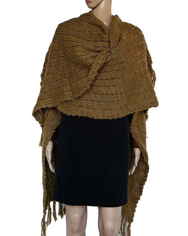 Poncho Shawl Green Ochre - Organic Wool - Fashionable & Warm - Quetzal Artisan