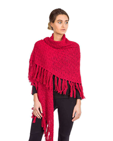 Poncho Shawl Red - Alpaca Wool - Knitted Triangel Shawl - Quetzal Artisan