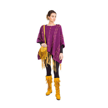 Poncho Plum Purple - Women Fringed Organic Wool Pullover - Quetzal Artisan