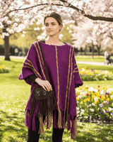 Poncho Plum Purple Ochre - Womens Eco Wool Fringed Poncho - Quetzal Artisan