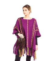 Poncho Plum Purple Ochre - Womens Eco Wool Fringed Poncho - Quetzal Artisan