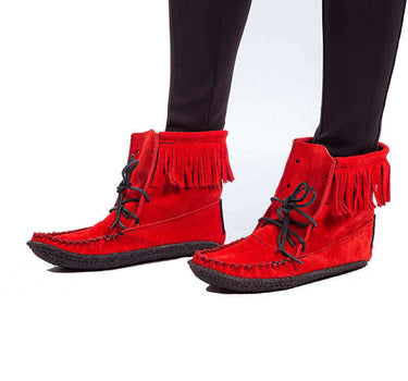 Short Boots Red - Fringes - Handmade Native Women Boots - Quetzal Artisan