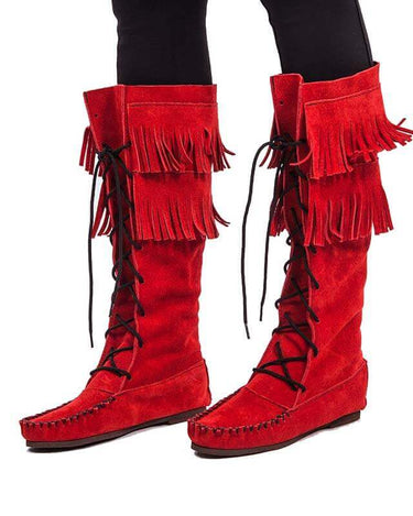 Fringed Red Boots - Style & Comfort - Handmade Suede Mukluks - Quetzal Artisan