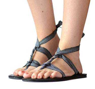 Sandals Black White - Lace Up - Cotton Straps - Fairtrade - Quetzal Artisan