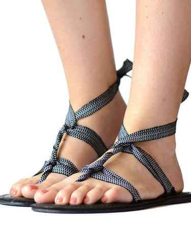 Sandals Black White - Lace Up - Cotton Straps - Fairtrade - Quetzal Artisan